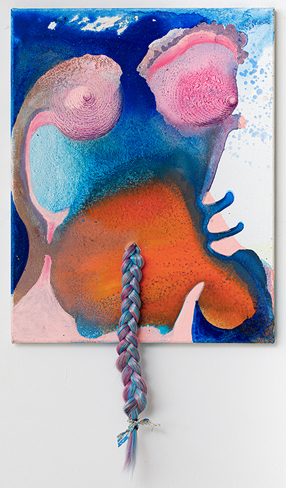 <b>Aus dem Bauch geflochten</b> 2025<br>
65x50cm<br>
Acryl, Tusche, Ölkreide, Kunsthaar auf LW