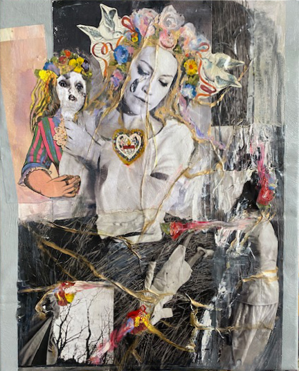 <b>Flashbacks</b> 2021<br>
50x40cm<br>
Öl, Acryl, Magazin/Collage, Bleistift, Fotodruck aus LW mit Schusslack