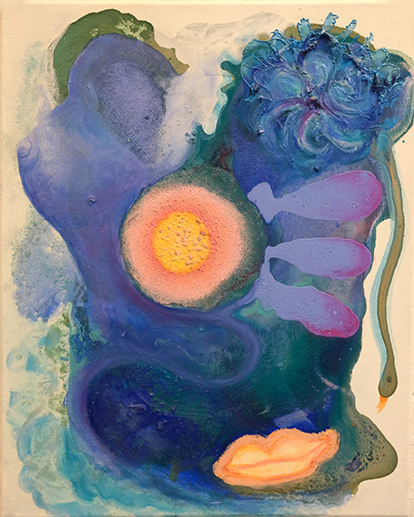 <b>Sonnenmund</b> 2025<br>
140x140cm<br>
Acryl, Pigment, Öl, Tusche auf LW