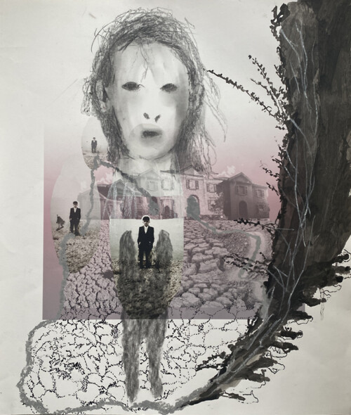 <b>Heimatlos</b> 2015<br>
50 x 43cm<br>
Acryl, Tusche, Graphit, Pigmentdruck auf Papier