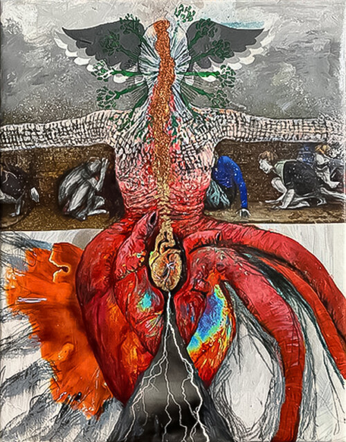 <b>Sturm</b> 2021 <br>
45 x 35cm <br>
Öl, Acryl, Ölkreide, Tusche, Magazin/Collage, Schlusslack, Glitzer, Pigmentdruck auf LW