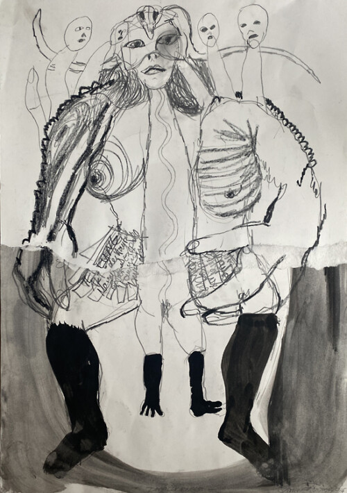 <b>Doppelmensch</b> 2016<br>
60 x 42cm<br>
Graphit, Tusche, Bleistift auf Papier