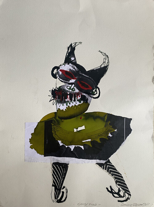 <b>Crazy Mood (Verrückte Laune)</b> 2017<br>
50 x 38cm<br>
Tusche, Acryl, Kopien auf Papier