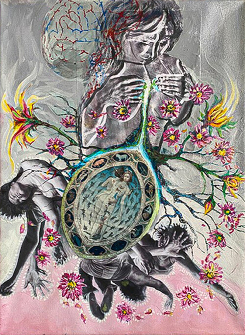 <b>Kreislauf</b> 2019 <br>
56 x 42cm <br>
Acryl, Öl, Magazin/Collage, Print, Tusche, Schlusslack auf LW
