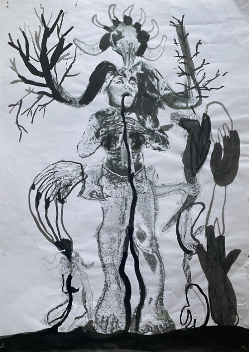 <b>Häutungstanz 1</b> 2016 <br>
42 x 29,7cm<br>
Tusche, Print auf Papier