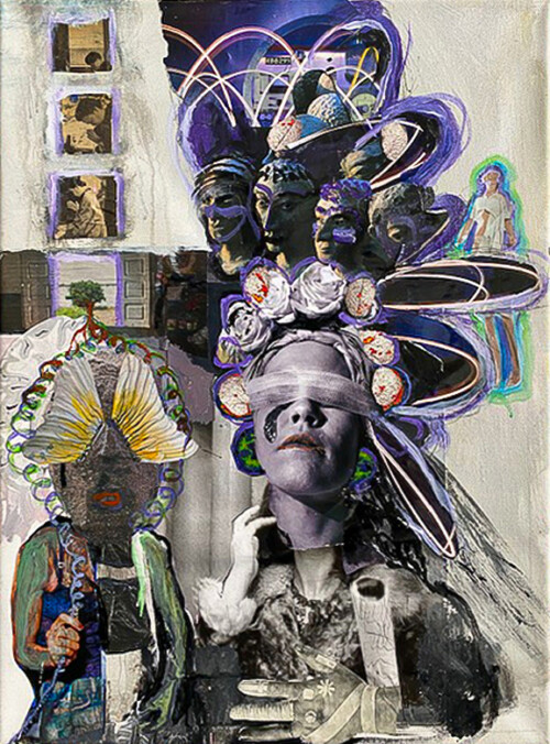<b>Anbindung</b> 2019 <br>
56 x 42cm<br>
Acryl, Öl, Tusche Collage, Print, Bleistift, Schlusslack auf LW