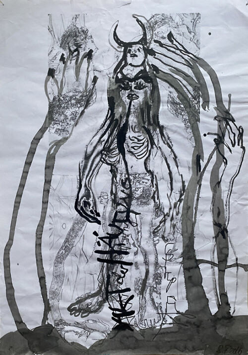 <b>Häutungstanz 2</b> 2016 <br>
42 x 29,7cm<br>
Tusche, Print auf Papier