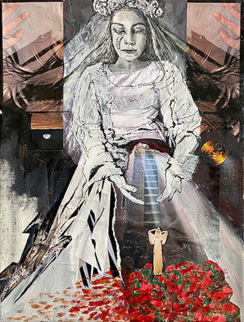 <b>Geheimer Garten</b> 2019<br> 
56 x 42cm <br>
Acryl, Öl, Tusche, Collage/Magazin, Print, Schlusslack auf LW