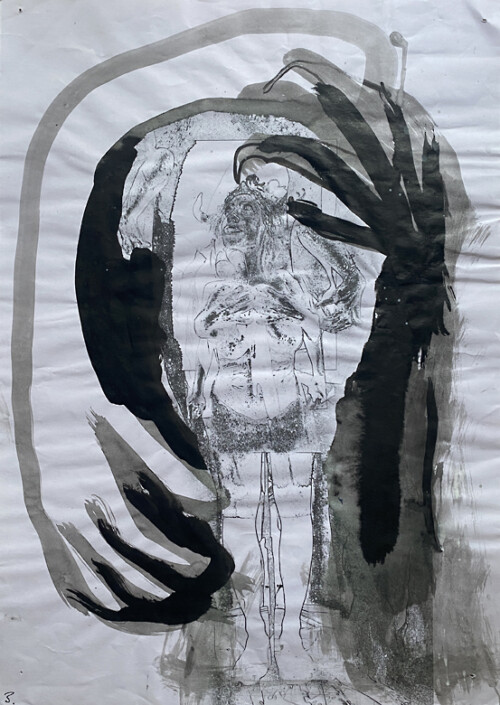 <b>Häutungstanz 3</b> 2016 <br>
42 x 29,7cm<br>
Tusche, Print auf Papier