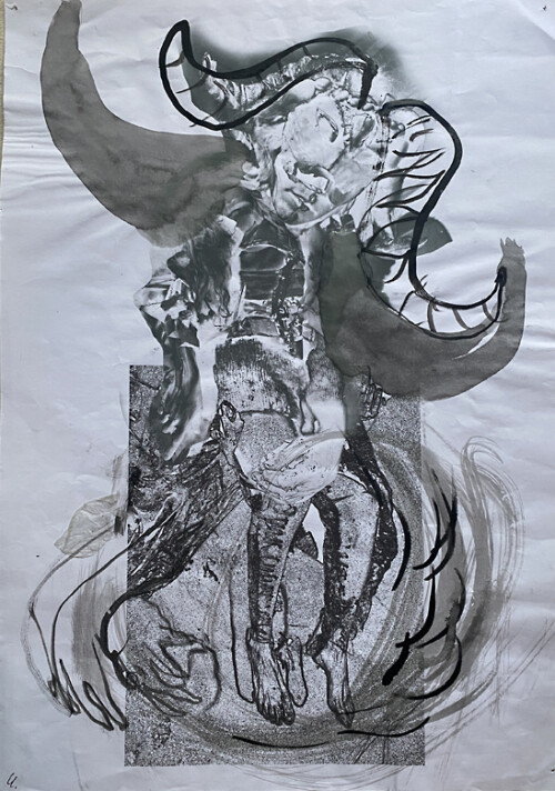 <b>Häutungstanz 4</b> 2016 <br>
42 x 29,7cm<br>
Tusche, Print auf Papier