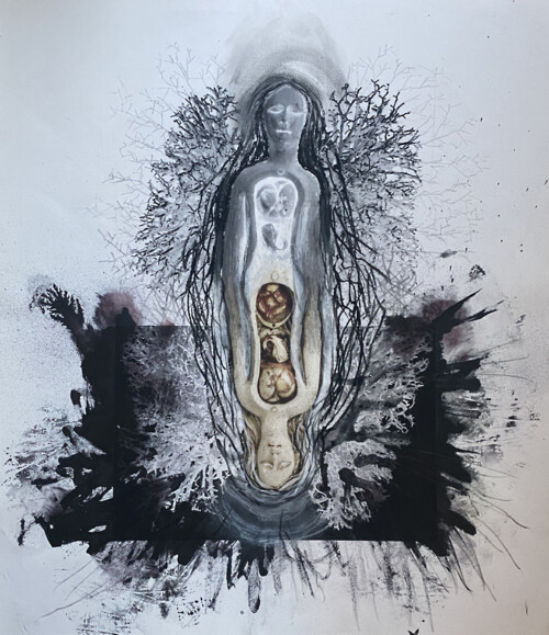 <b>Zwilling</b> 2016<br>
50 x 43cm <br>
Bleistift, Kohle, Tusche, Pigmentdruck auf Papier