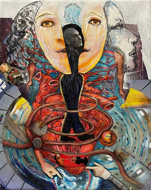 <b>Kleiner Angstmann</b> 2020-21<br> 
45x 35cm <br>
Acryl, Öl, Collage/Magazin, Tusche auf LW