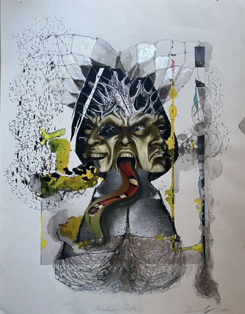 <b>Männliches Relikt</b> 2015<br>
55 x 43cm<br>
Tusche, Bleistift, Pastellfarbe, Pigmentdruck auf Papier