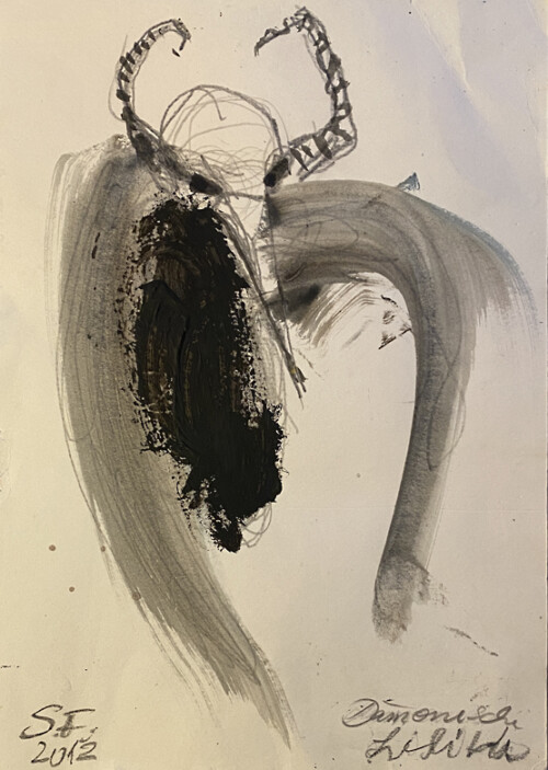 <b>Dämonische Lilith</b> 2012<br>
30 x 21cm <br>
Graphit, Acryl, Tusche auf Papier