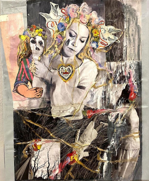 <b>Flashbacks</b> 2021<br> 
50 x 40 cm <br>
Öl, Acryl, Magazin/Collage, Bleistift, Fotodruck auf LW mit Schusslack