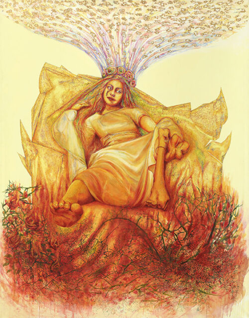 <b>Katharsis</b> 2017<br>
230 x 180cm<br>
Öl, Acryl, Tusche, Blattgold auf LW