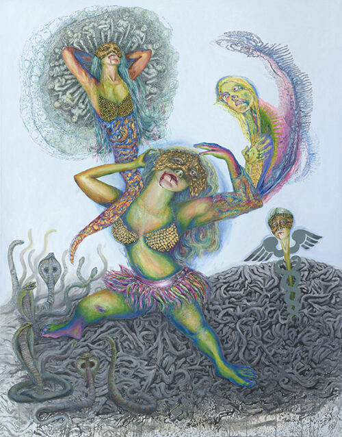 <b>Schlangentanz</b> 2017<br>
230 x 180cm<br>
Öl, Acryl, Blattgold, Tusche auf LW