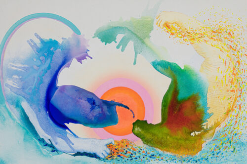 <b>Begegnung im Kreis der Sonne</b> 2025<br>
100x150cm<br>
Öl, Acryl, Tusche auf LW