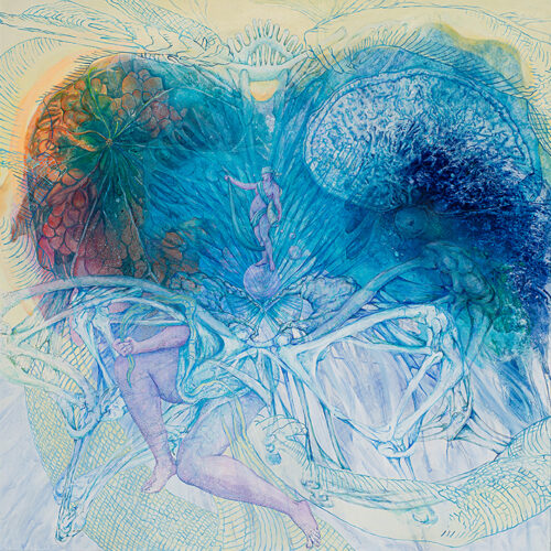 <b>Entpuppung</b> 2024<br>
140x140cm<br>
Acryl, Tusche, Ölkreide, Kunsthaar auf LW