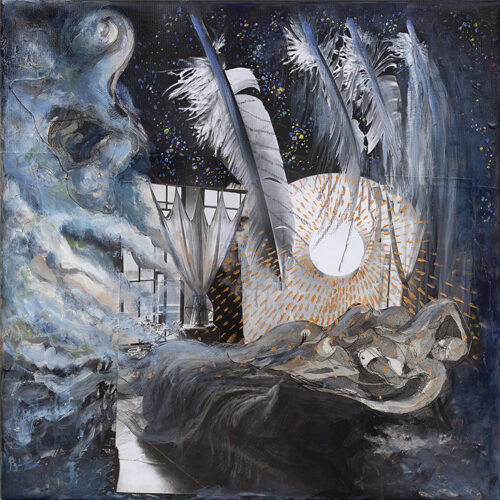 <b>Erinyen im Untergrund 10</b> 2022<br>
45x45cm<br>
Mischtechnik auf LW