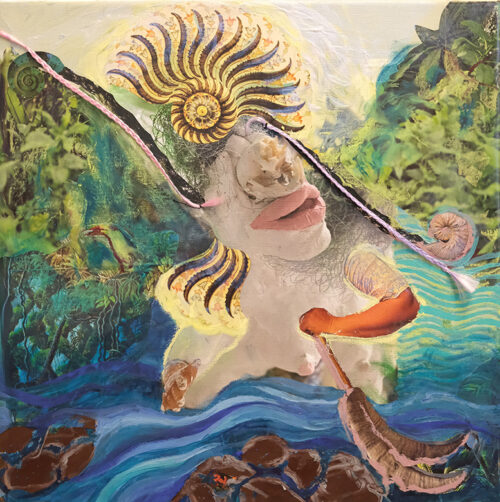 <b>Erinyen im Untergrund 11</b> 2023<br>
45x45cm<br>
Mischtechnik auf LW