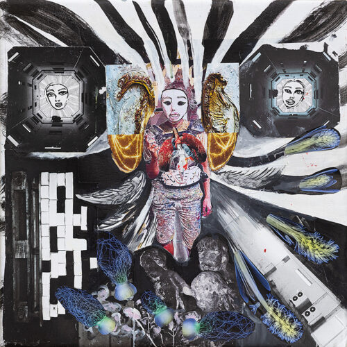 <b>Erinyen im Untergrund 1</b> 2022<br>
45x45cm<br>
Mischtechnik auf LW