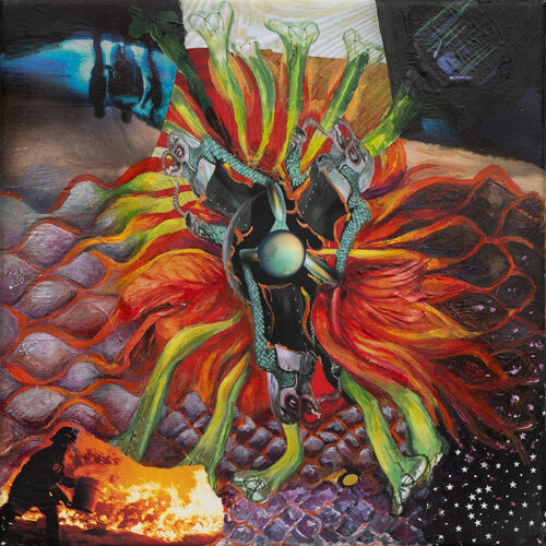 <b>Erinyen im Untergrund 2</b> 2022<br>
45x45cm<br>
Mischtechnik auf LW