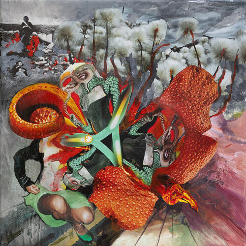 <b>Erinyen im Untergrund 4</b> 2022<br>
45x45cm<br>
Mischtechnik auf LW