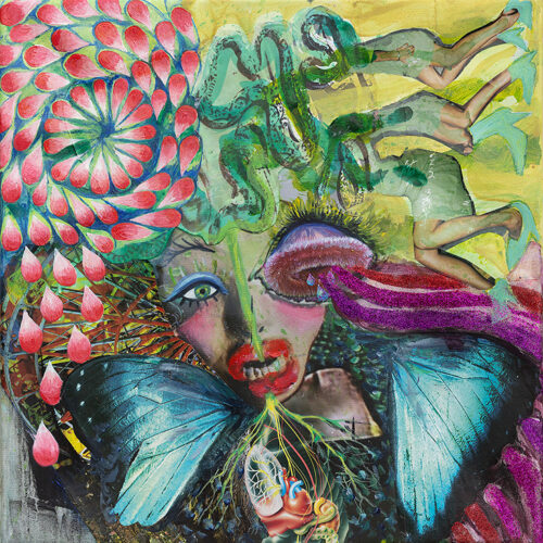 <b>Erinyen im Untergrund 6</b> 2022<br>
45x45cm<br>
Mischtechnik auf LW