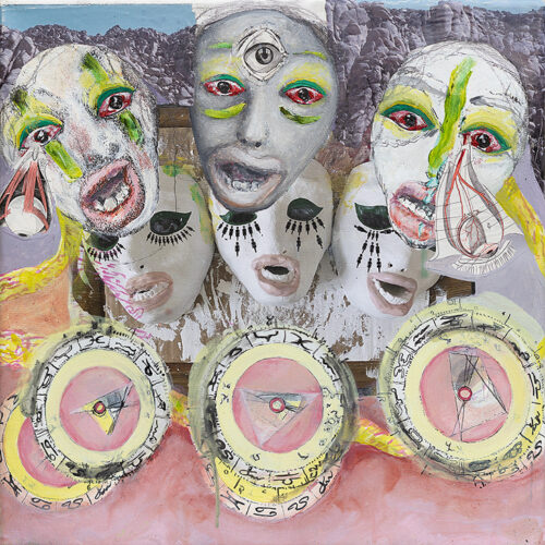 <b>Erinyen im Untergrund 8</b> 2022<br>
45x45cm<br>
Mischtechnik auf LW