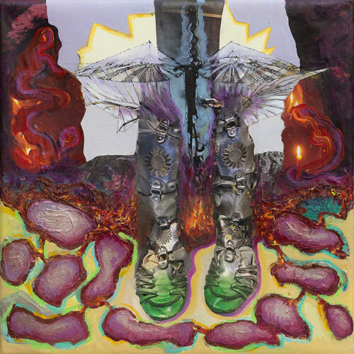 <b>Erinyen im Untergrund 9</b> 2022<br>
45x45cm<br>
Mischtechnik auf LW