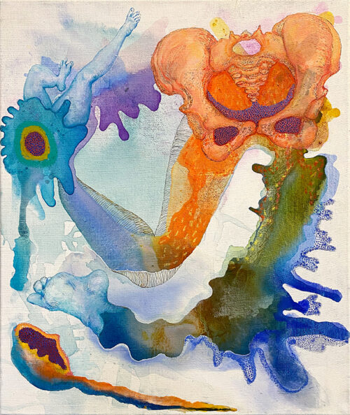 <b>Hüftschwung</b> 2024<br>
78x65cm<br>
Ölstift, Acryl, Öl, Tusche, auf Leinen