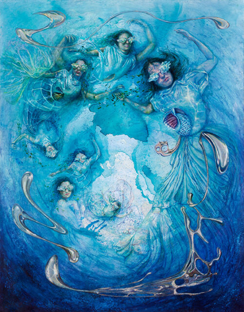 <b>Im Fluss</b> 2025<br>
230x180cm<br>
Acryl, Öl, Gouache, Tusche, Blattsilber auf LW