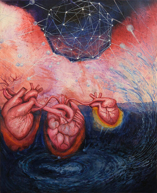 <b>Im Herzen verbunden</b> 2019-2020<br>
50x40cm<br>
Acrylfarbe, Öl, Firniss auf LW