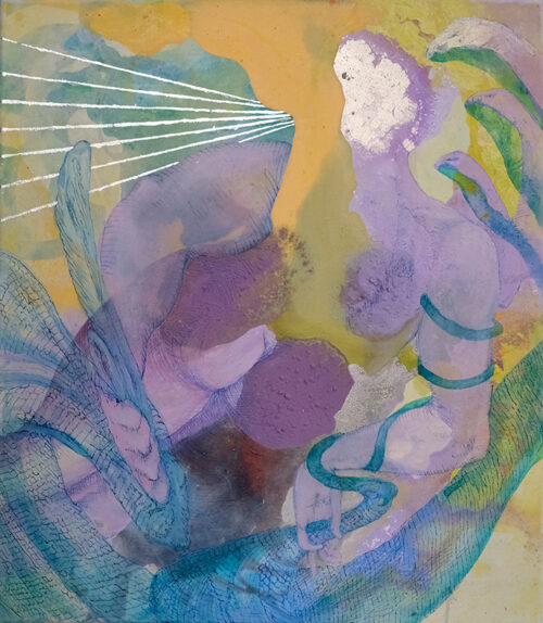 <b>Medusas Po</b> 2024<br>
75x65cm<br>
Acryl, Öl, Blattsilber