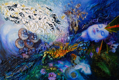 <b>Ophelias Lucid Dream II</b> 2023<br>
60x90cm<br>
Acryl, Öl, Tusche, Pigment, Acryllack, Collage auf LW