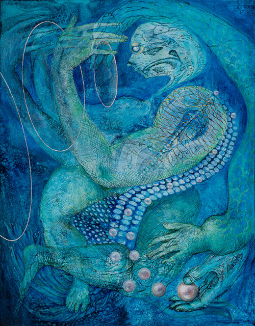 <b>Perlentaucher</b> 2024<br>
160x125cm<br>
Öl, Acryl, Pigment, Tusche, Blattsilber auf LW