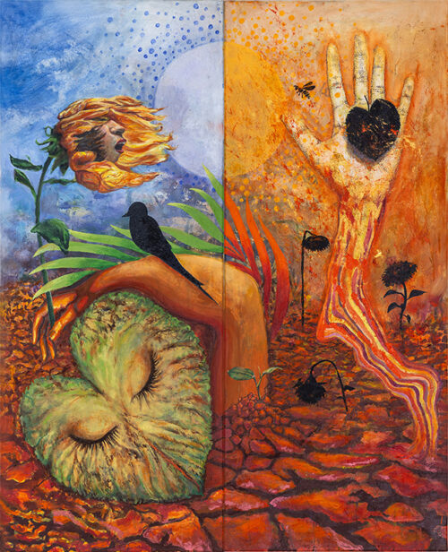 <b>Rückbesinnung mit Regentrude</b> 2023<br>
110x90cm<br>
Acryl, Öl, Tusche, Pigment auf LW