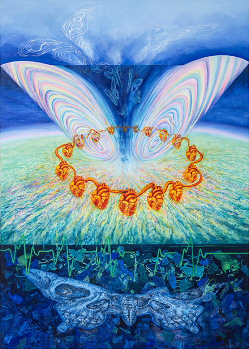 <b>Schmetterlingseffekt</b> 2023<br>
230x165cm<br>
Acryl, Öl, Tusche auf Leinwand