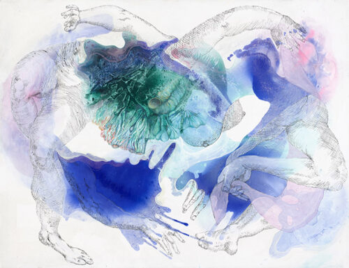 <b>Schwimmerin</b> 2024<br>
100x130cm<br>
Acryl, Tusche, Pigment auf LW