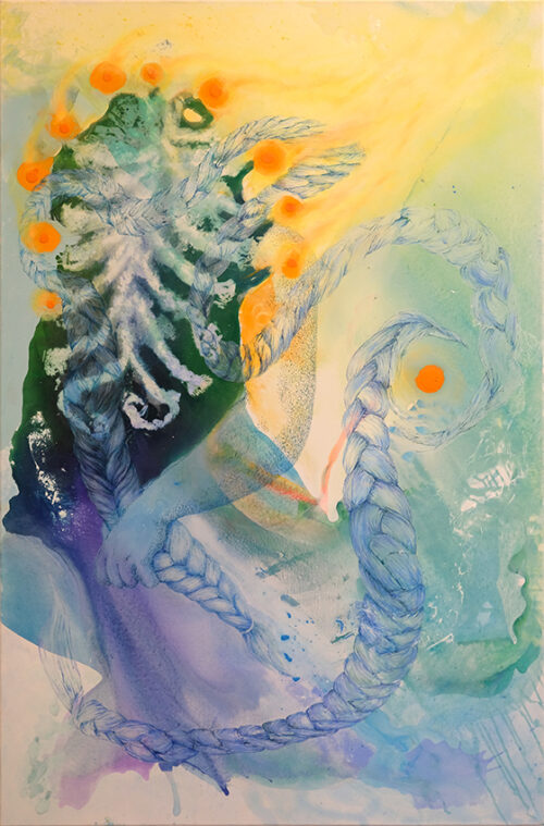 <b>Sich am eigenem Schopf ziehen</b> 2025<br>
150x100cm<br>
Acryl, Öl, Tusche auf LW