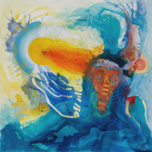 <b>Sonnenbad</b> 2024<br>
140x140cm<br>
Acryl, Pigment, Öl, Tusche auf LW