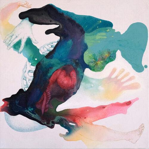 <b>Sprung</b> 2024<br>
70x70cm<br>
Acryl, Tusche auf LW