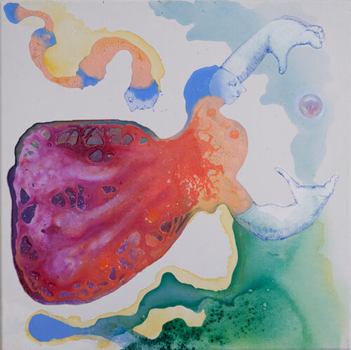 <b>Spurensuche II</b> 2024<br>
50x50cm<br>
Acryl, Öl, Pigment, Tusche auf LW