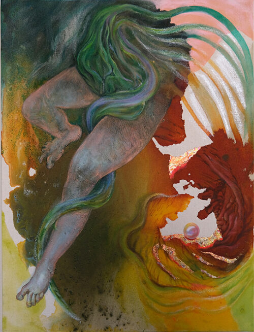 <b>Spurensuche III</b> 2024<br>
60x45cm<br>
Acryl, Öl, Tusche, Blattgold, Ölkreide auf LW