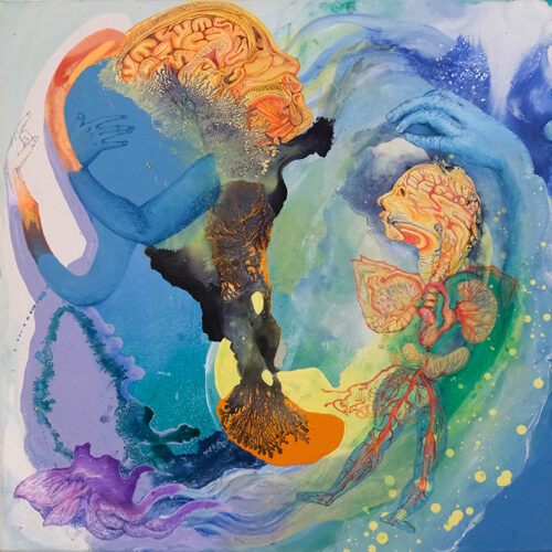 <b>Treiben II</b> 2024<br>
70x70cm<br>
Acryl, Pigment, Tusche auf LW