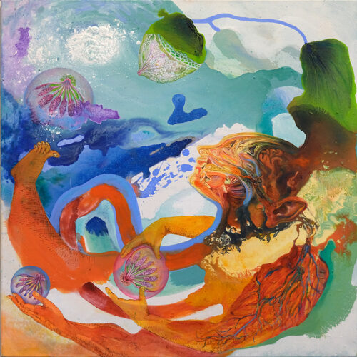 <b>Treiben I</b> 2024<br>
70x70cm<br>
Acryl, Öl, Pigment, Tusche auf LW