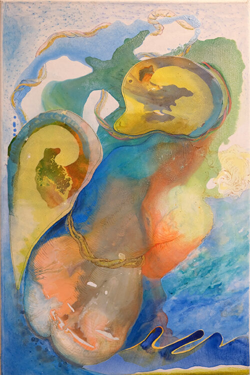<b>Verflochten mit den Wellen</b> 2025<br>
85x55cm<br>
Acryl, Ölkreide, Tusche, Kunsthaar auf Leinwand