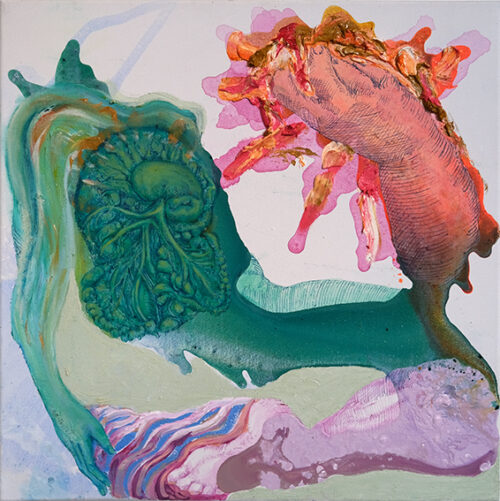 <b>Verköstigung</b> 2024<br>
50x50cm<br>
Acryl, Pigment, Öl, Tusche auf LW