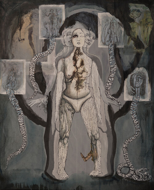 <b>Limbo</b> 2016<br>
101 x 82cm<br>
Acryl, Tusche, Papier, Bleistift, Fotokopie, Aquarellepapier
auf LW